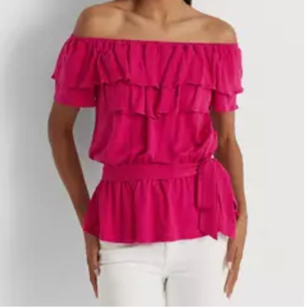 Ralph Lauren Pink Off Shoulder Ruffle Top Size XS Tie Waist Peplum Blouse